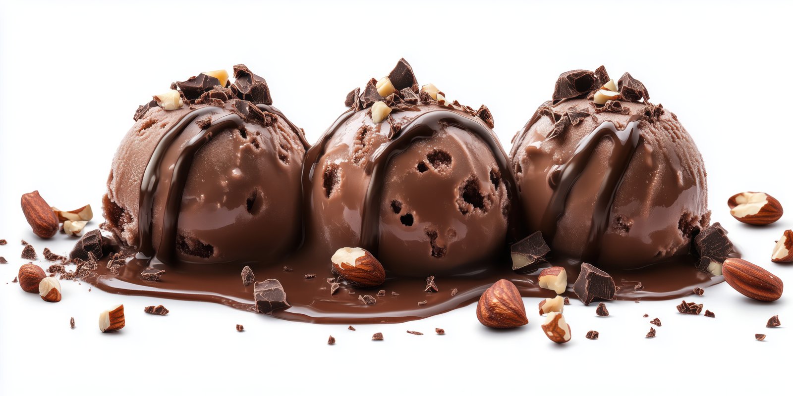 Indulgent chocolate ice cream scoops topped with nuts and chocolate drizzle served on a white background